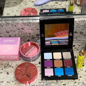 Jeffree Star Bold Eyeshadow Palette and Setting Powder and lipstick